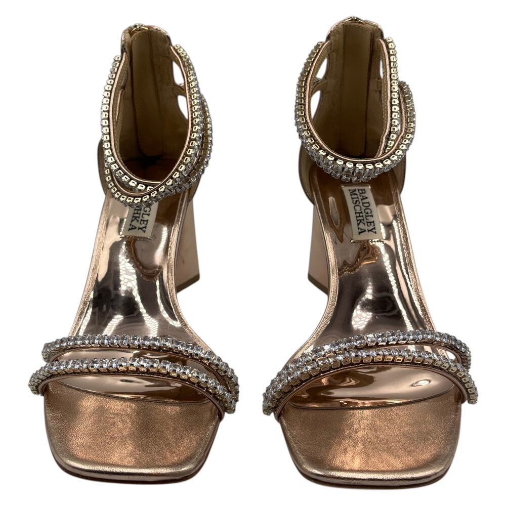 Badgley Mischka Lillie Crystal Dual Strapped Block Heels Sandals Champagne 6.5 - Picture 3 of 9
